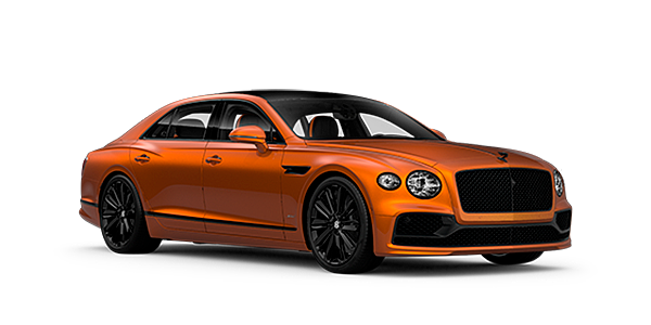 Bentley Santo Domingo Bentley Flying Spur Speed front side angled view in Orange Flame coloured exterior. 