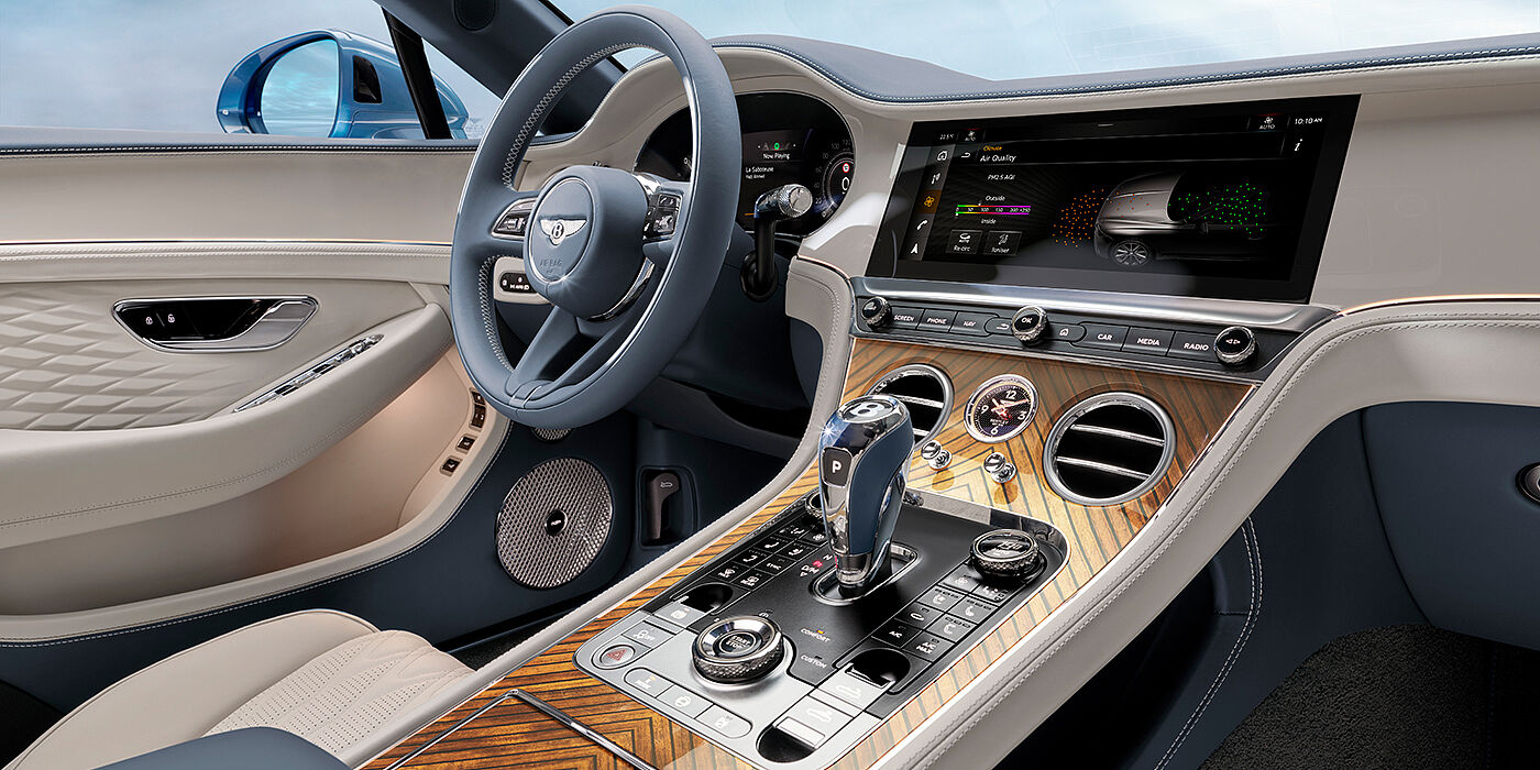 Bentley Santo Domingo New Bentley Continental GTC Azure convertible interior front cabin view with Linen and Brunel hides and Piano Linen by Mulliner veneer featuring centre console and centre MMI screen
