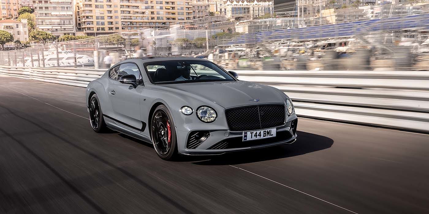 Bentley Santo Domingo Bentley Continental GT S coupe in Cambrian Grey paint front 34 dynamic driving on track