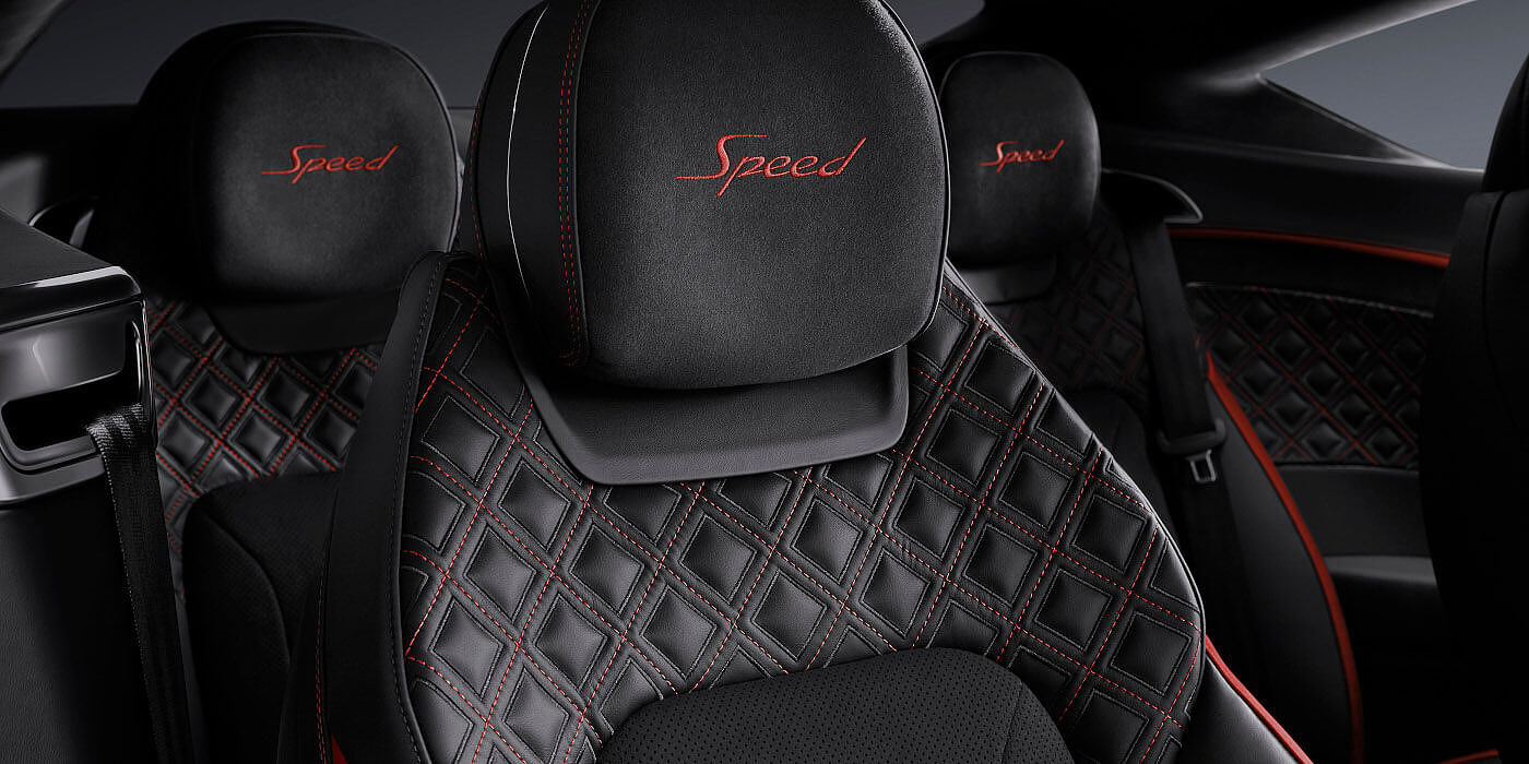 Bentley Santo Domingo Bentley Continental GT Speed coupe seat close up in Beluga black and Hotspur red hide