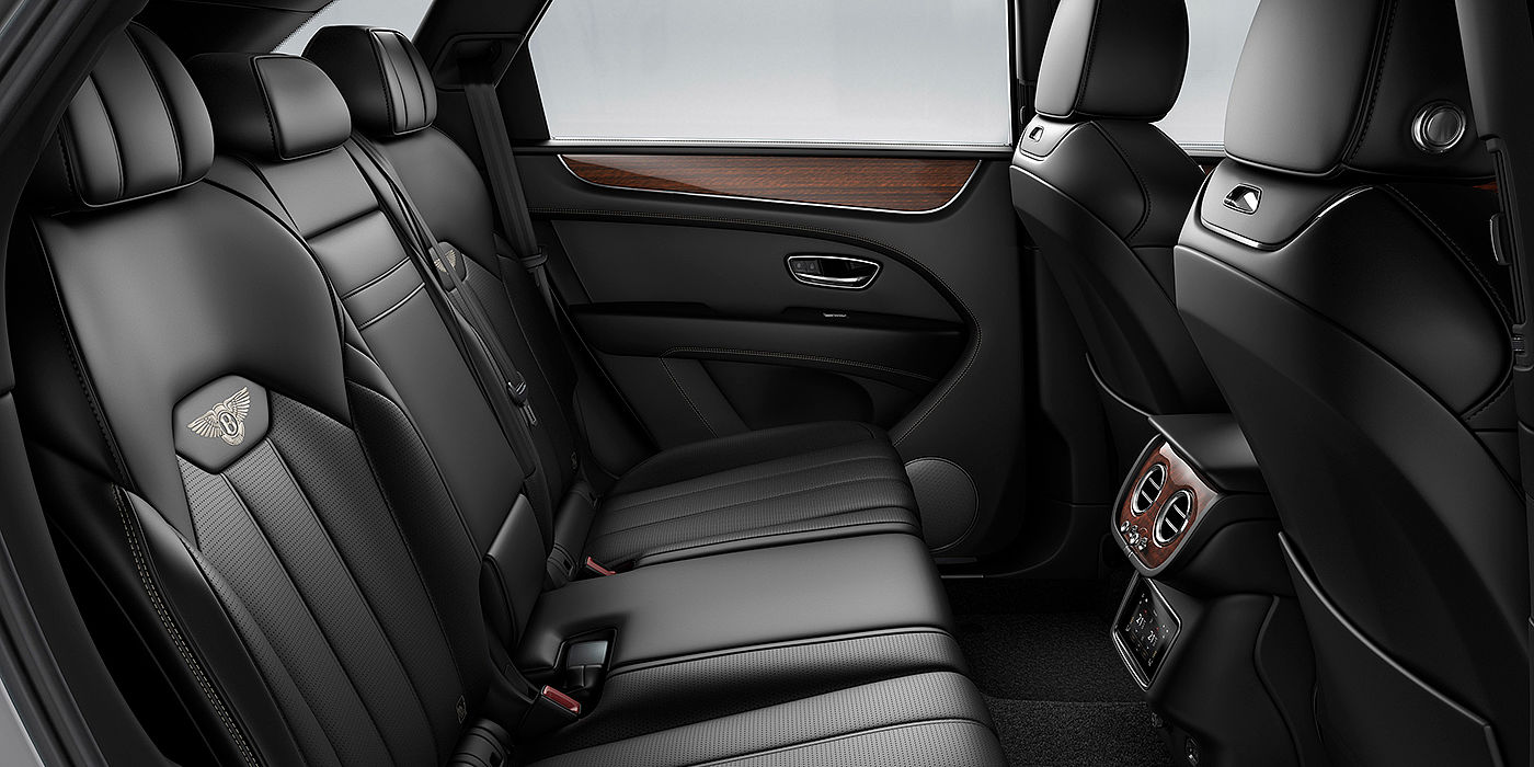 Bentley Santo Domingo Bentey Bentayga interior view for rear passengers with Beluga black hide.