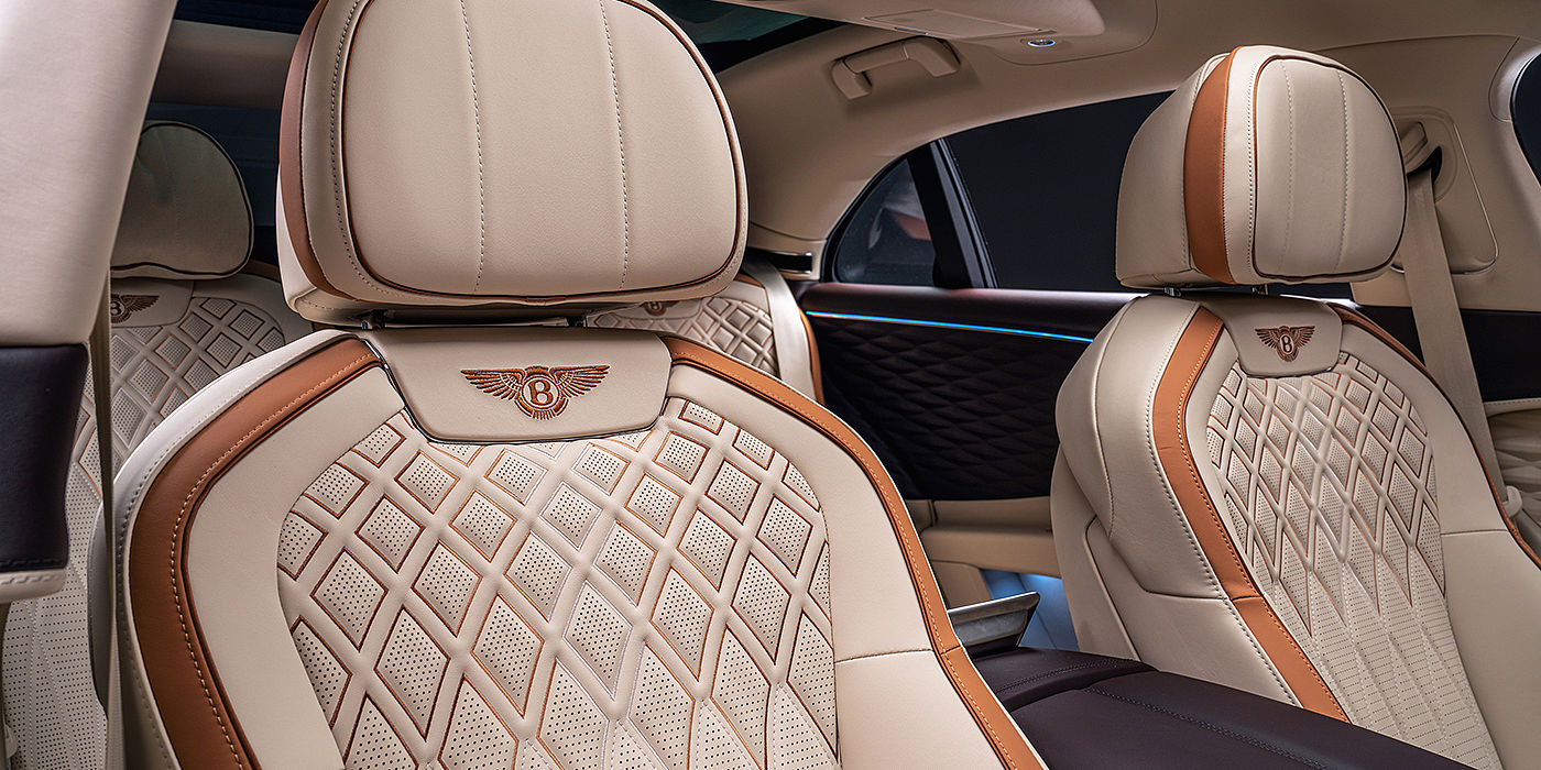 Bentley Santo Domingo Bentley Flying Spur Odyssean sedan rear seat detail with Diamond quilting and Linen and Burnt Oak hides