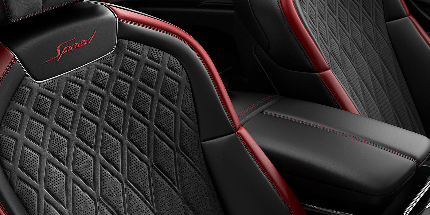 Bentley Santo Domingo Bentley Flying Spur Speed sedan seat stitching detail in Beluga black and Cricket Ball red hide