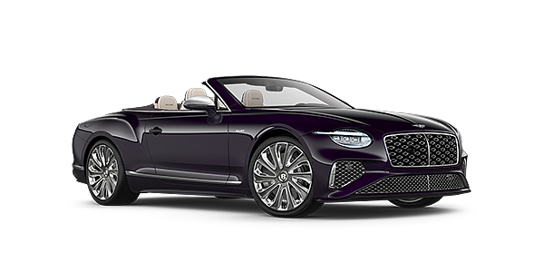 Bentley Santo Domingo Bentley New Continental GTC Mulliner convertible front three quarter view in Damson paint with 22 inch Mulliner painted and polished wheel