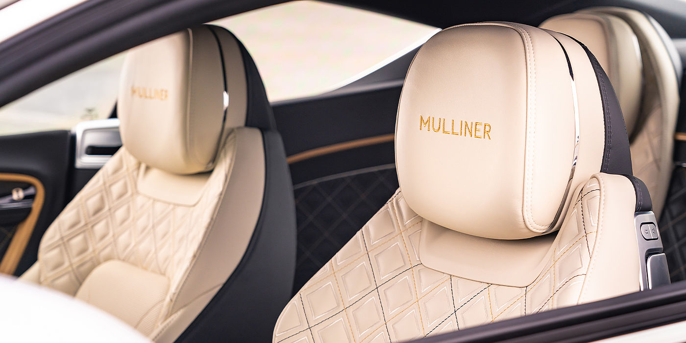 Bentley Santo Domingo Bentley Continental GT Mulliner coupe seat detail in Beluga black and Linen hide